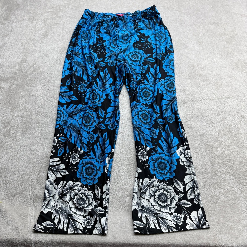 Sunny Leigh Floral Lounge Pants Womens 2X Blue Black Wide Leg Elastic Waist Boho